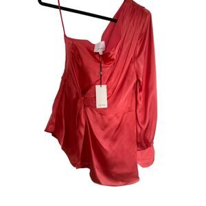 NWT Cinq A Sept Red Satin Asymmetric One-Shoulder Drape Top – Size M
